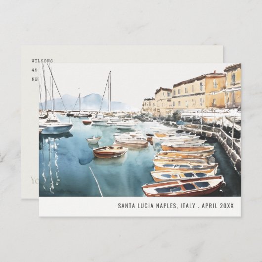 Carte Postale Port Santa Lucia Naples Italie Aquarelle Voyage (Devant / Derrière)