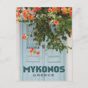 Carte Postale Porte de Mykonos Grèce avec fleurs