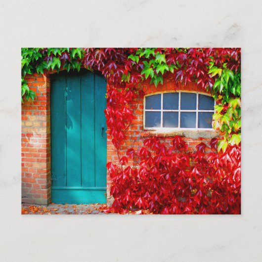 Carte Postale Porte Turquoise pittoresque avec feuilles d'automn (Devant)