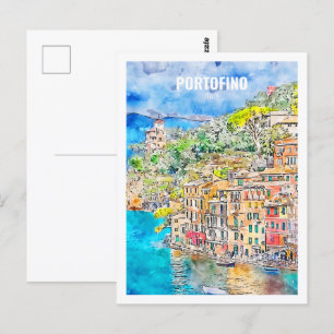 Carte Postale Portofino Italie Célèbre Travel Place Aquarelle