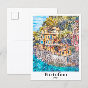 Carte Postale Portofino Italie Voyage Aquarelle main tirée