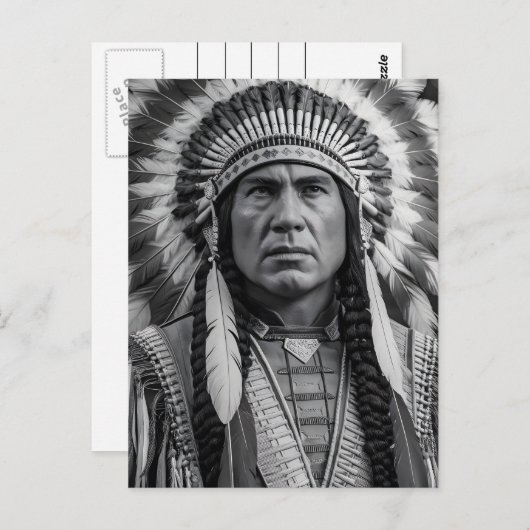 Carte Postale Portrait amérindien en plumes (Devant / Derrière)