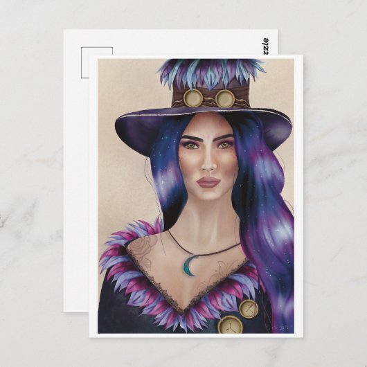 Carte Postale Portrait aquarelle d'une femme inspirée du Steampu (Devant / Derrière)