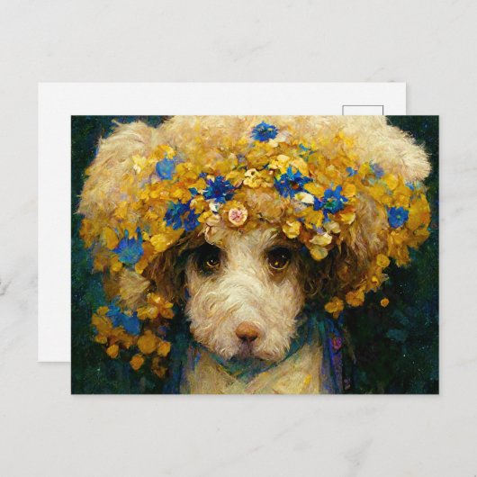 Carte Postale Portrait Art Nouveau d'un chien caniche avec des f (Devant / Derrière)