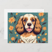Carte Postale Portrait Cocker Chien Et Floral (Devant / Derrière)