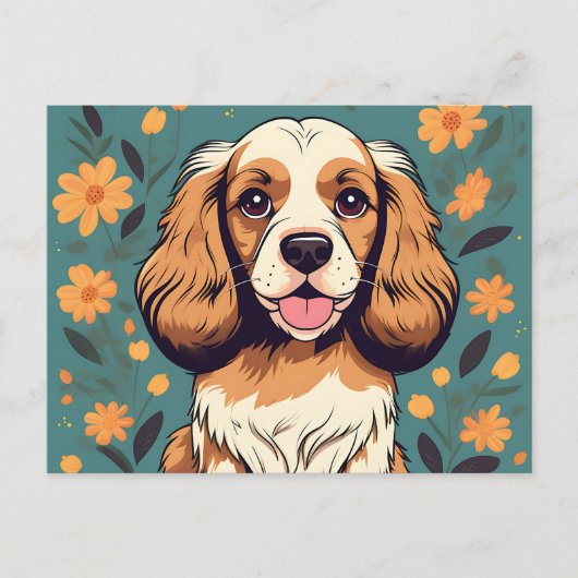 Carte Postale Portrait Cocker Chien Et Floral (Devant)