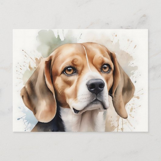 Carte Postale Portrait de Beagle à l'aquarelle douce avec fluide (Devant)
