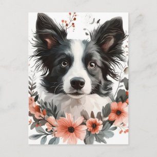 Carte Postale Portrait de Border Collie avec cadre floral