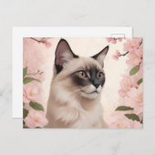 Carte Postale Portrait de chat balinais avec des fleurs épanouie (Devant / Derrière)