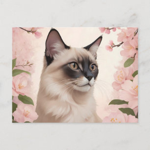 Carte Postale Portrait de chat balinais avec fleurs florissantes