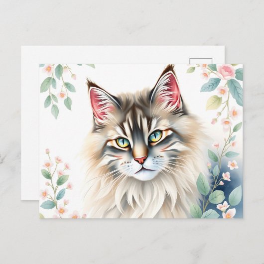 Carte Postale Portrait de chat norvégien au pastel entouré (Devant / Derrière)