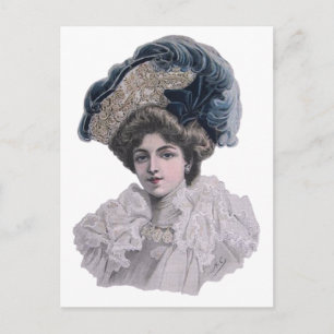 Carte Postale Portrait de dame Édouardienne vintage Chapeau bl