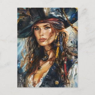 Carte Postale Portrait de femme pirate à l'aquarelle
