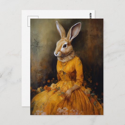 Carte Postale Portrait de lapin en robe jaune (Devant / Derrière)