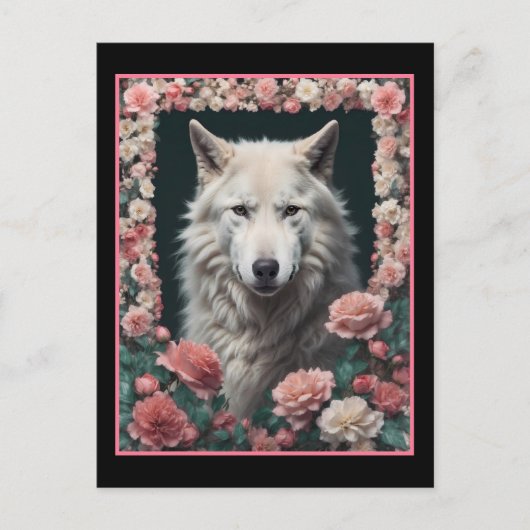 Carte Postale Portrait de loup avec des fleurs (Devant)