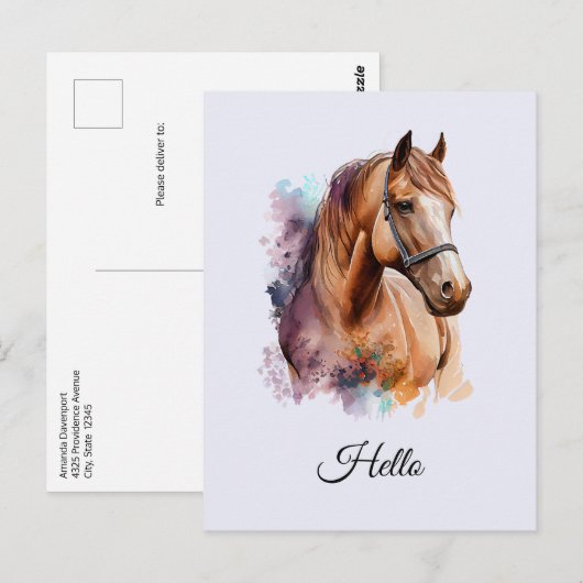 Carte Postale Portrait de tête de cheval brun à l'aquarelle (Devant / Derrière)