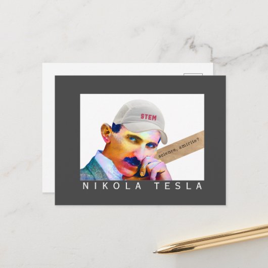 Carte Postale Portrait drôle de Tesla (Devant/Arrière en situation)