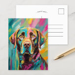 Carte Postale Portrait du laboratoire de chocolat Art Abstrait c<br><div class="desc">Portrait d'art moderne et ludique d'un laboratoire de chocolat peint avec des couleurs vives, turquoises, jaunes, roses et vertes. La palette vibrante et les coups de pinceau expressifs donnent au chien une apparence énergique et joyeuse, apportant une touche amusante et imaginative aux portraits traditionnels d'animaux de compagnie. Cette pièce vivante...</div>