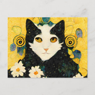 Carte Postale Portrait d'un chat avec des fleurs. Art nouveau.