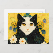 Carte Postale Portrait d'un chat avec des fleurs. Art nouveau. (Devant / Derrière)