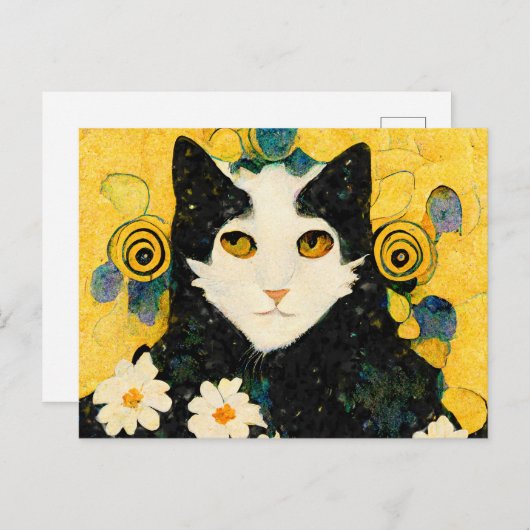 Carte Postale Portrait d'un chat avec des fleurs. Art nouveau. (Devant / Derrière)