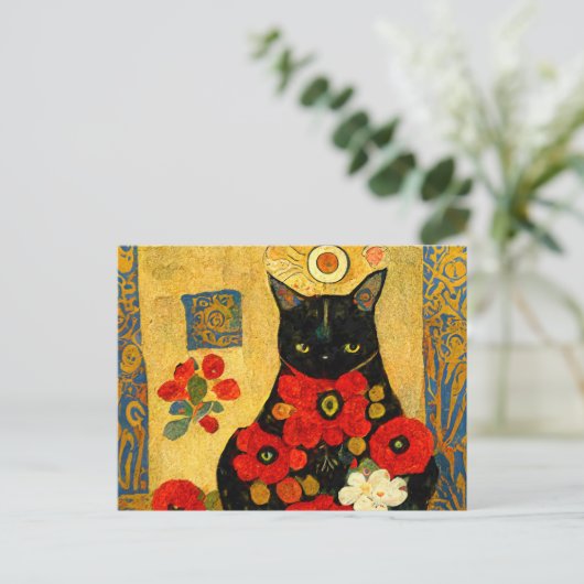 Carte Postale Portrait d'un chat noir dans un design Art Nouveau (Debout devant)