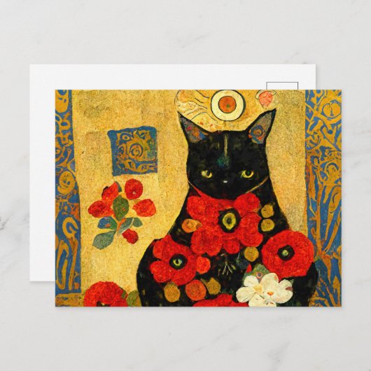 Carte Postale Portrait d'un chat noir dans un design Art Nouveau (Devant / Derrière)
