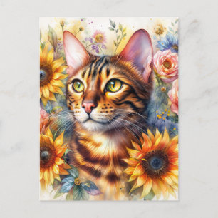 Carte Postale Portrait floral de chat Bengal Art