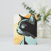 Carte Postale Portrait Linocut d'un chat dans le profil (Debout devant)