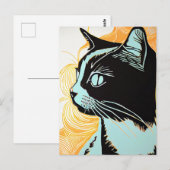 Carte Postale Portrait Linocut d'un chat dans le profil (Devant / Derrière)