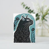 Carte Postale Portrait Linocut d'un chat dans le profil (Debout devant)