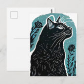 Carte Postale Portrait Linocut d'un chat dans le profil (Devant / Derrière)