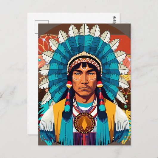 Carte Postale Portrait puissant en chef amérindien (Devant / Derrière)
