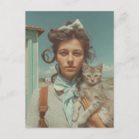 Portrait Vintage d'une Fille Tenant un Chaton