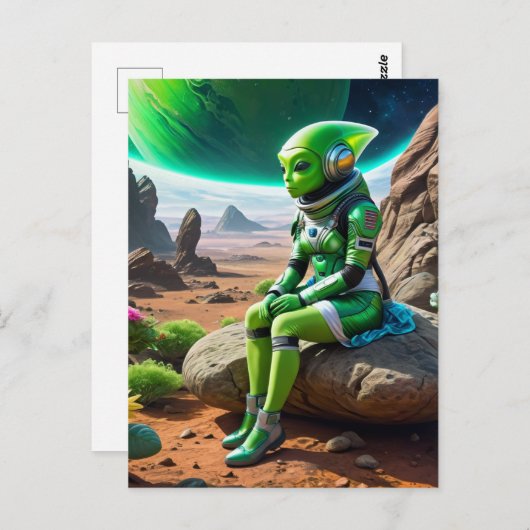 Carte Postale Pose de réflexion Alien verte (Devant / Derrière)