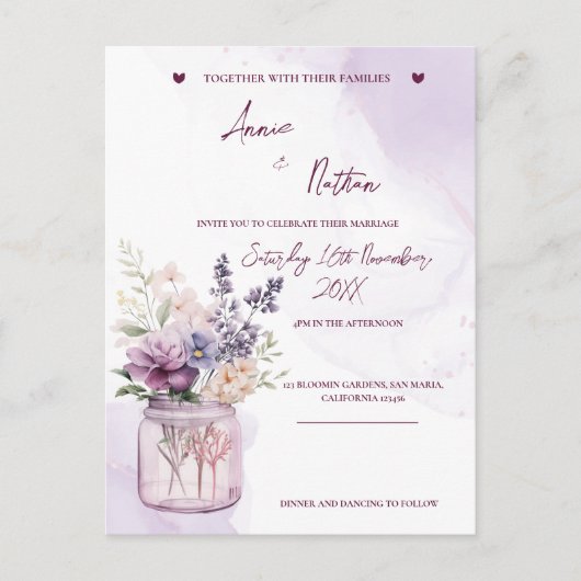 Carte Postale Poser Des Fleurs Violettes Dans Mason Jar Mariage  (Devant)