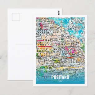 Carte Postale Positano Italie Fameux Voyage Aquarelle croquis