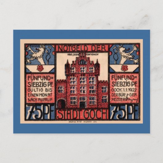 Carte Postale Post WW1 Devise allemande 75 Pfennig "Stadt Goch" (Devant)