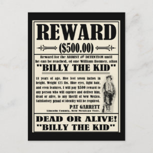 Carte Postale Poster Recherché Billy the Kid