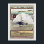 Carte Postale Poster vintage de Dover-Ostende 1910<br><div class="desc">Poster vintage annonçant le service national de chemin de fer et de courrier pour la route Dover-Ostende, mettant en évidence trois services quotidiens. L'image centrale présente un grand bateau à vapeur naviguant dans des eaux agitées, avec des illustrations de falaises côtières et de voiliers sur les parties supérieure et inférieure....</div>