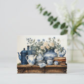 Carte Postale Pot à café bleu blanc Crème Sucre Pot en verre (Debout devant)