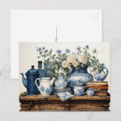 Carte Postale Pot à café bleu blanc Crème Sucre Pot en verre (Devant / Derrière)