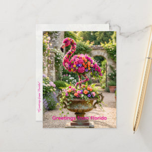 Carte Postale Pot de topiaire de flamant rose et fleurs tropical