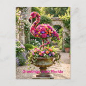 Carte Postale Pot de topiaire de flamant rose et fleurs tropical (Devant)