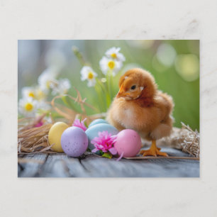 Carte Postale Poule se tient à côté d'un nid de Pâques avec des 