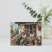Carte Postale Poules blanches sur appui de fenêtre Fleurs rouges (Debout devant)