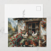 Carte Postale Poules blanches sur appui de fenêtre Fleurs rouges (Devant / Derrière)