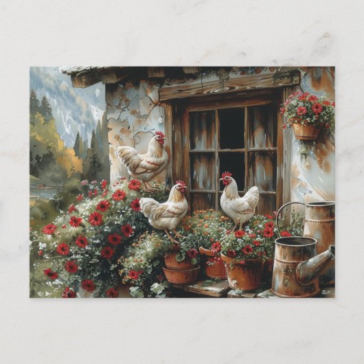 Carte Postale Poules blanches sur appui de fenêtre Fleurs rouges (Devant)