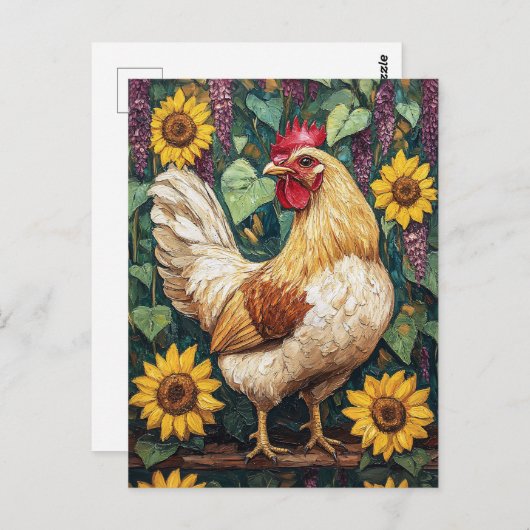 Carte Postale Poulet aux fleurs Peinture à l'huile (Devant / Derrière)
