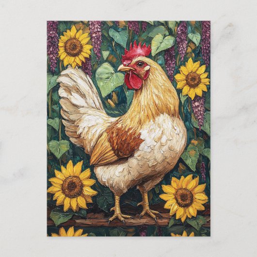 Carte Postale Poulet aux fleurs Peinture à l'huile (Devant)